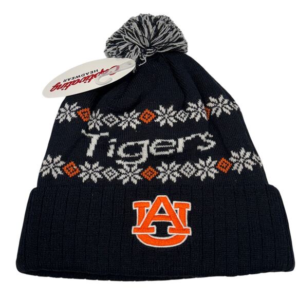 Auburn Tigers Knit Beanie Hat Bobble Fair Isle Style Orange White Warm‎ Logo NEW - Picture 8 of 8